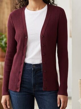 Lord & Taylor Women's Ribbed Button-Front Cardigan - Burgundy